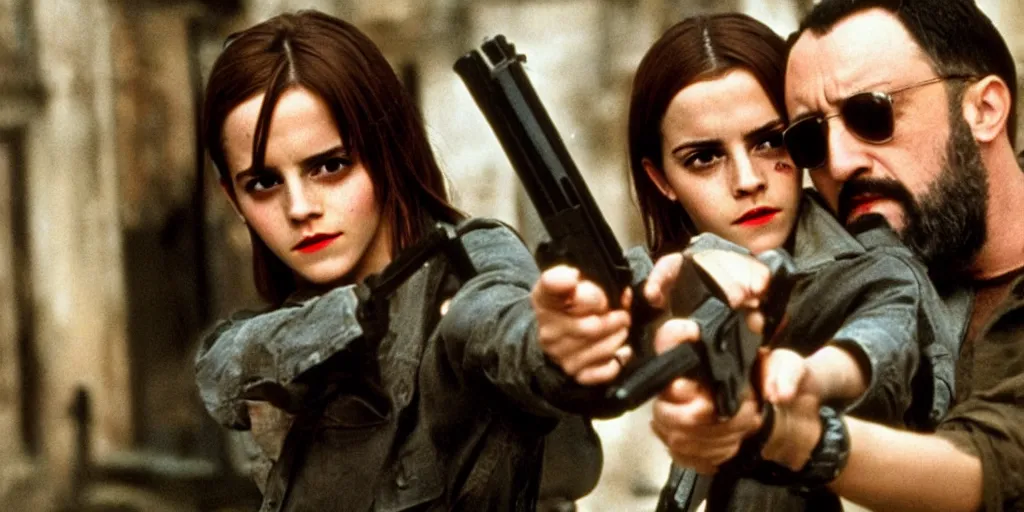 Image similar to Emma Watson and Jean Reno in Leon The Professional holding guns