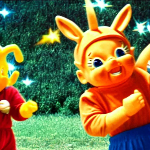 Image similar to goku playing with the teletubbies