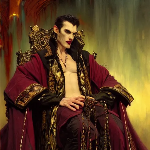 Image similar to perfectly centered portrait of attractive vampire king in a robe sitting on a throne of bones, highly detailed painting by gaston bussiere, craig mullins, j. c. leyendecker, 8 k