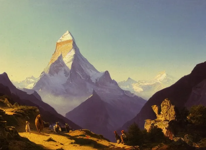 Image similar to alpine ibexes climbing in the alps with the matterhorn in the background in the style of hudson river school of art, oil on canvas