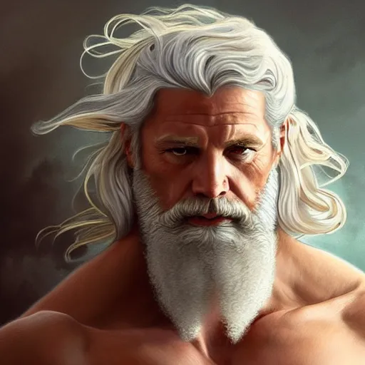 Image similar to portrait of rugged zeus, greek god, 4 0 years old, handsome, white hair, soft hair, upper body, muscular, hairy torso, fantasy, intricate, elegant, highly detailed, digital painting, artstation, concept art, smooth, sharp focus, illustration, art by artgerm and greg rutkowski and alphonse mucha