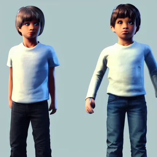 Image similar to full body unreal engine 5 render of two boys, highly detailed faces