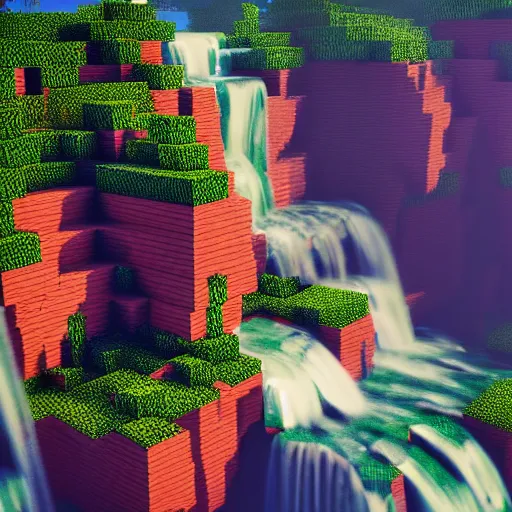 Prompt: minecraft, low poly, 3 d render, waterfall, high detail, artstation, concept art, behance, ray tracing, smooth, sharp focus, ethereal lighting