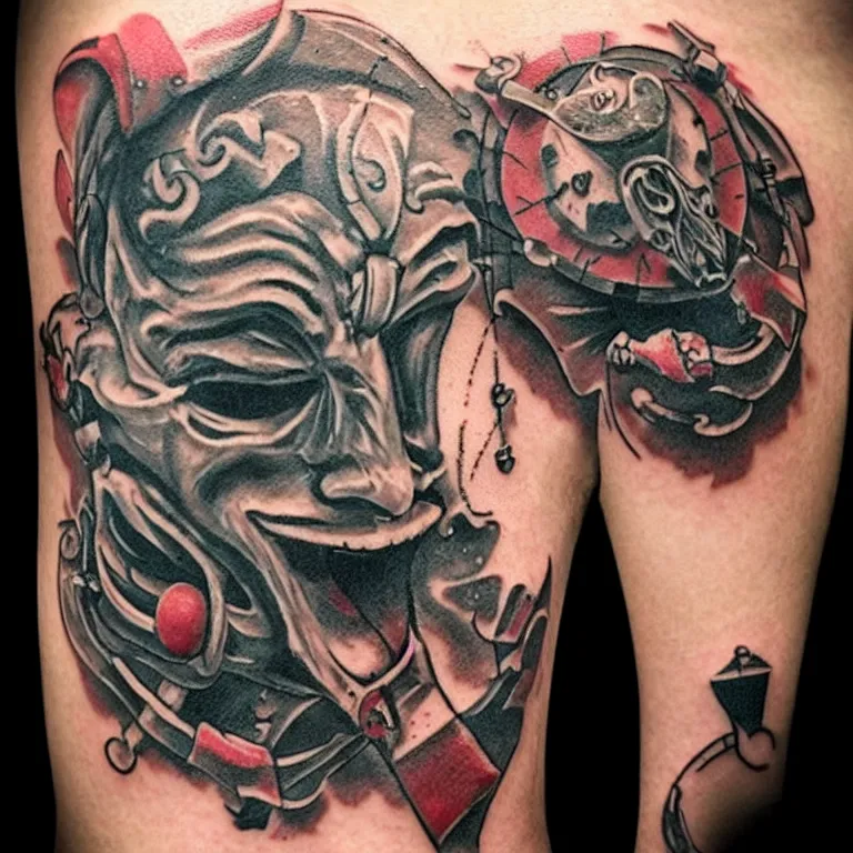 Prompt: “jester mask, tattoo in a tornado”