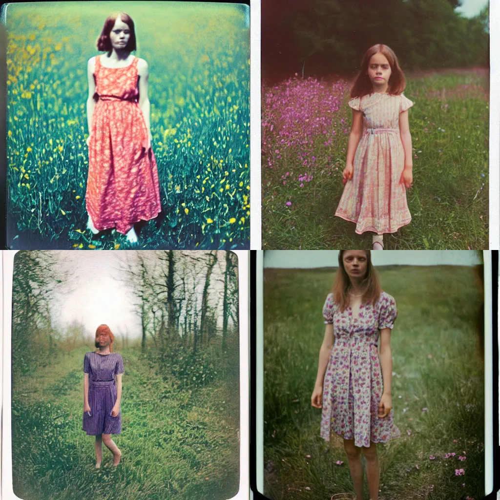 Prompt: color polaroid of Emma Watsonin in a summer dress by Andrei Tarkovsky full length shot