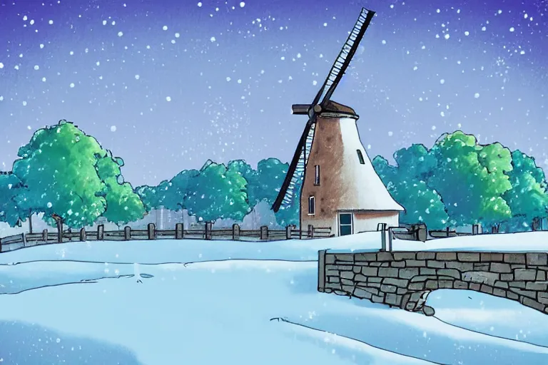 Image similar to beautiful countryside background with a windmill by studio ghibli, cute, winter