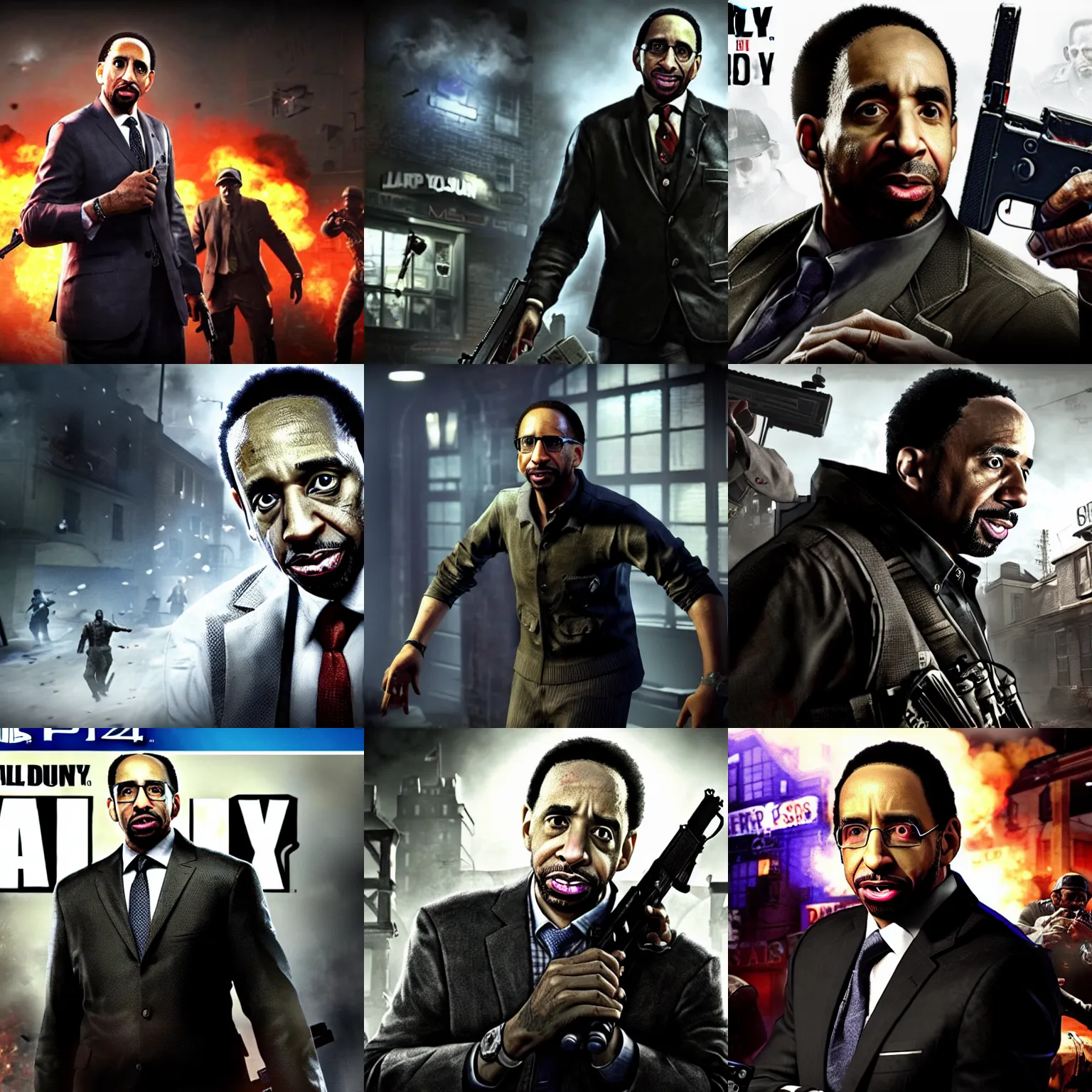 Image similar to stephen a smith in call of duty zombies, ps 4, video game still