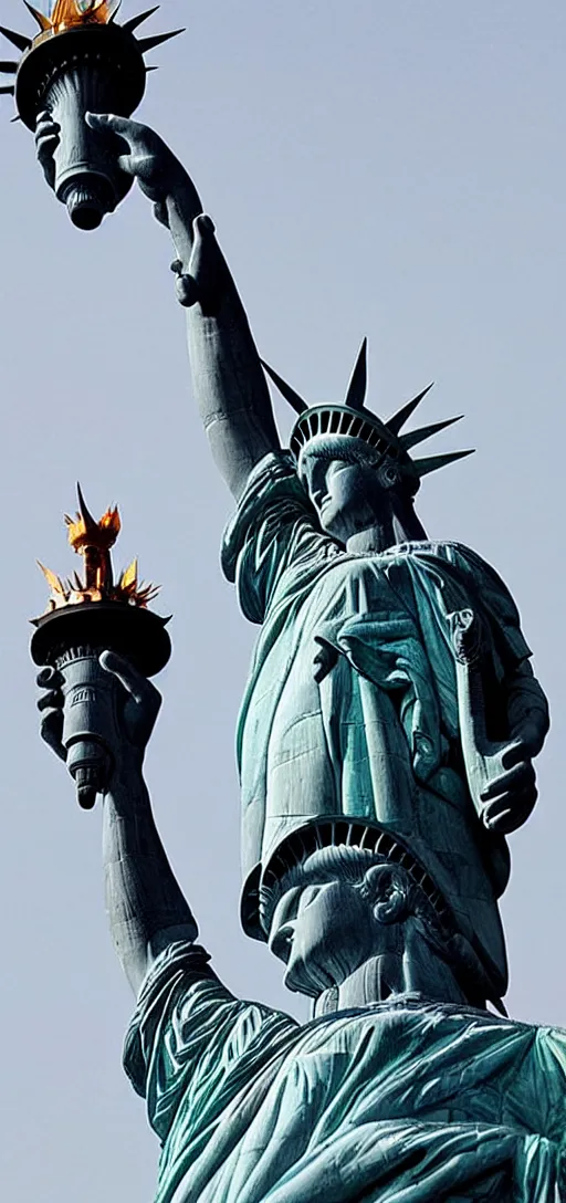 Prompt: the statue of liberty overtaken by black tendrils and mechanical parts, body horror, horror, scary, dark, creepy,