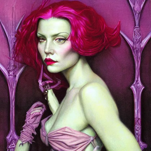 Prompt: portrait of a pink witch, by gerald brom