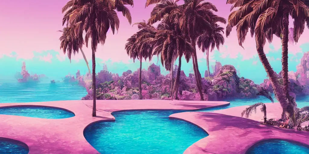 Image similar to artgem and Beeple masterpiece, hyperrealistic surrealism, award winning masterpiece with incredible details, epic stunning, infinity pool, a surreal vaporwave liminal space, highly detailed, trending on ArtStation, calming, meditative, pink arches, palm trees, very vaporwave, very very surreal, sharp details, dreamscape, giant head statue ruins