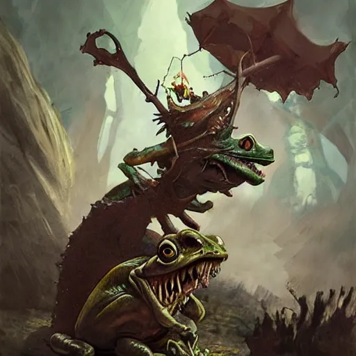 Prompt: Crazy goblin rides on a giant frog, by greg rutkowski, in the style of magic the gathering, very detailed