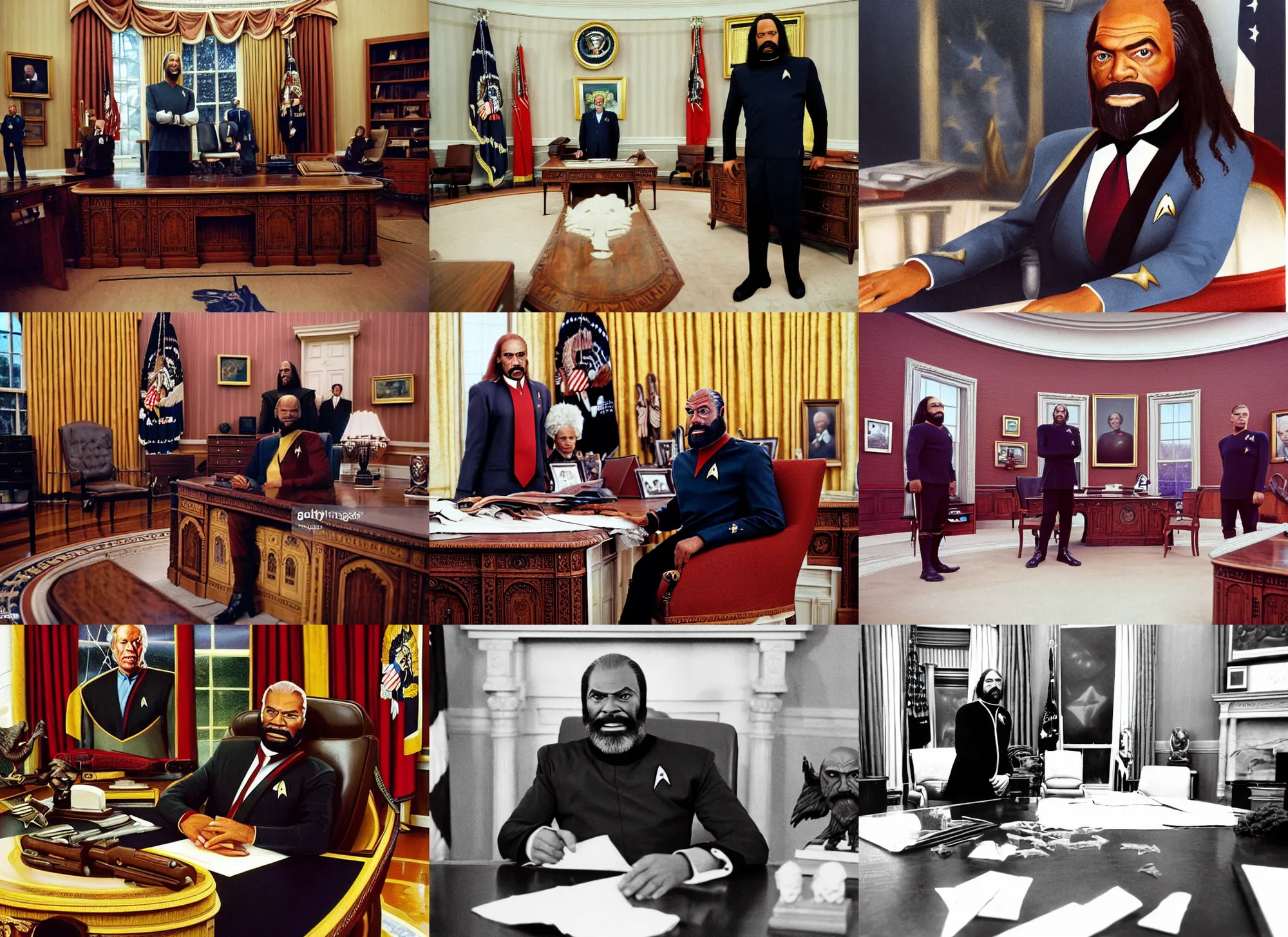 Prompt: photo portrait of star trek worf as president of the united states wearing a suit, in the oval office interior, klingon weapons decorating the walls, ( ( photograph ) ), moody, realistic, detailed, skin tinted a warm tone