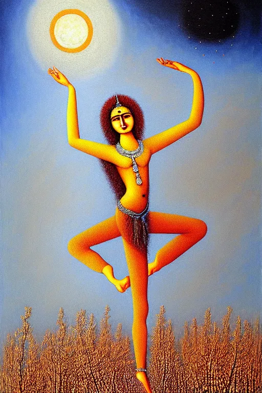 Image similar to ivan marchuk style nataraja dancing in a winter birch grove and raising snow clouds during a solar eclipse, original oil on canvas painting by william sydney mount