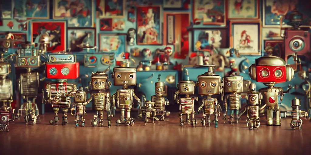 Image similar to closeup portrait of tin toy soldiers retro living room of robot family, depth of field, zeiss lens, detailed, centered, fashion photoshoot, by nicoletta ceccoli, mark ryden, lostfish, breathtaking, 8 k resolution, extremely detailed, beautiful, establishing shot, artistic, hyperrealistic, octane render, - h 8 0 4