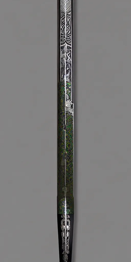 Image similar to a katana in the style of zdzisław beksinski, elegant, silver and emerald inlay, flower motif, deadly weapon