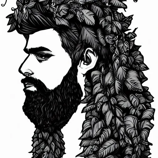 Image similar to huge male druid gray face pointy ears long beard with vines as hair hibiscus flowers detailed drawing