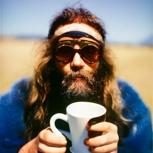 Image similar to portrait of a hippie drinking a coffee on the surface of the sun, kodak portra,