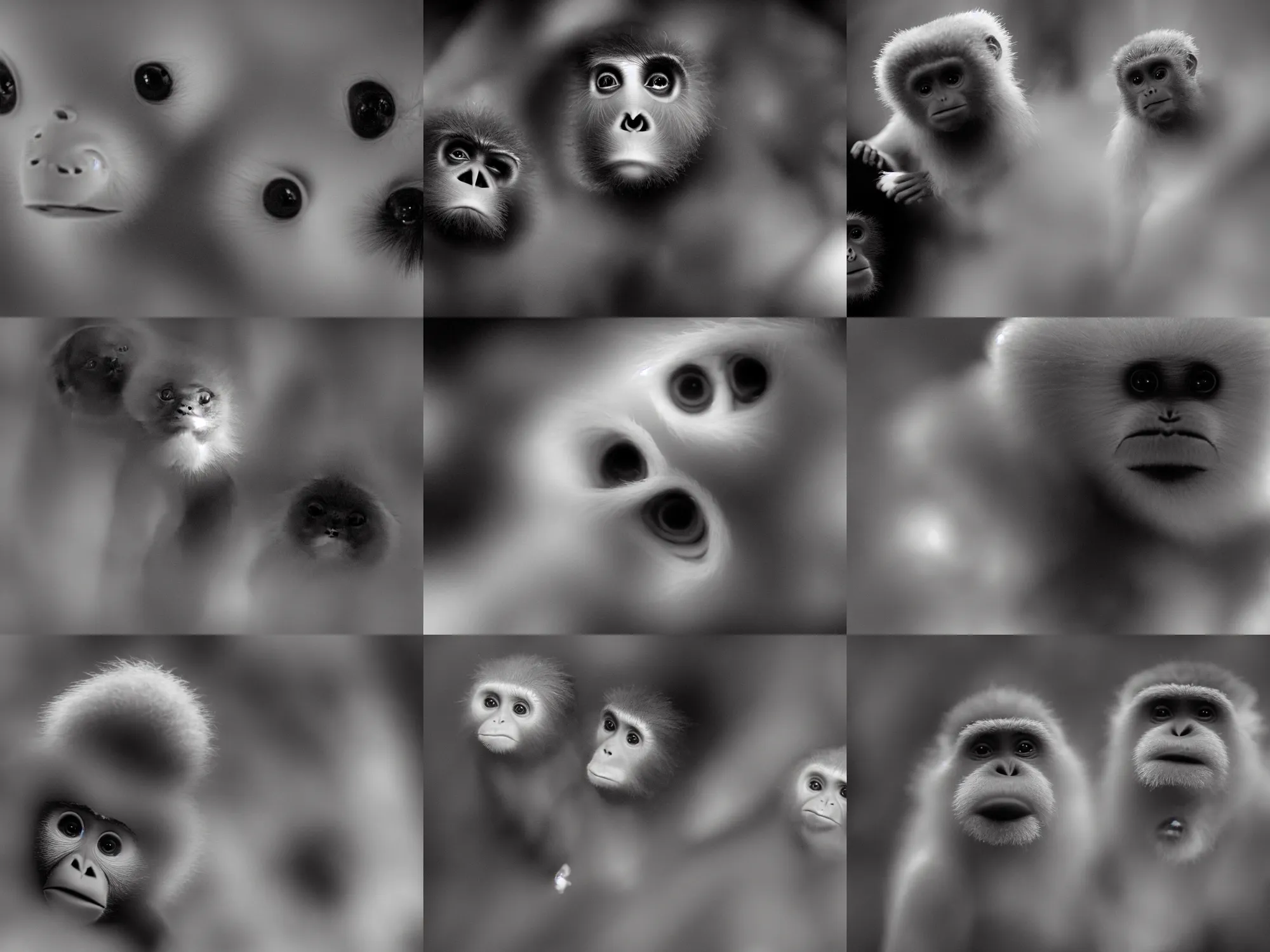 Prompt: black and white cctv footage of golden snub nosed monkeys in the dark staring at the camera