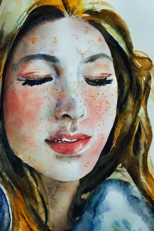 Image similar to portrait of a young beautiful auburn woman, closing her eyes, smiling, aquarelle, realistic painting, freckles, 1 / 4 headshot