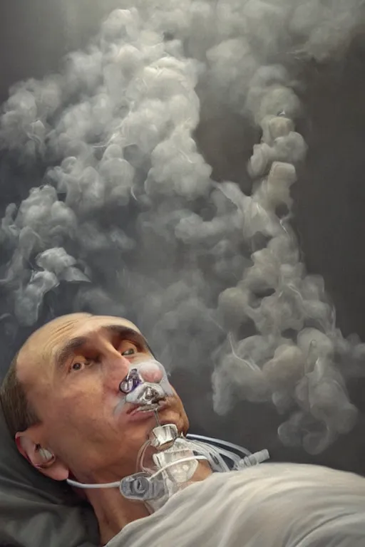 Image similar to a very hyperrealistic oil painting of ill Vladimir Putin as a patient wearing an oxygen mask lying in bed inhaling white clubs of smoke from Copium tank that stand near his bed, visible face, distant shot, oil painting, highly detailed, hyper realistic, volumetric lighting