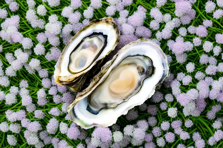 Image similar to a romantic dlsr photoportrait of an oyster in the field of flowers. pastel colors, blurred background. sharp focus on the oyster, 5 0 mm lens, professional light, aerial shot from the drone