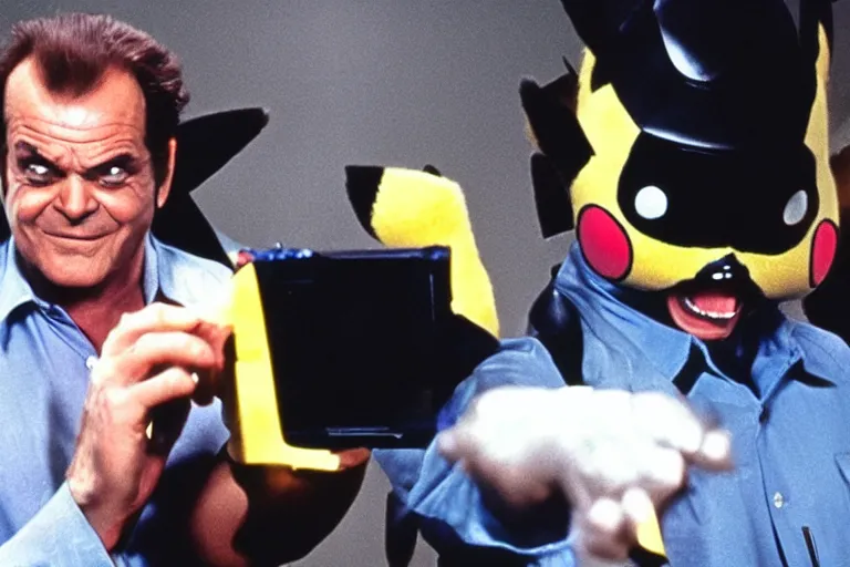 Prompt: Jack Nicholson plays Pikachu Terminator, action scene where he shoots from his gameboy