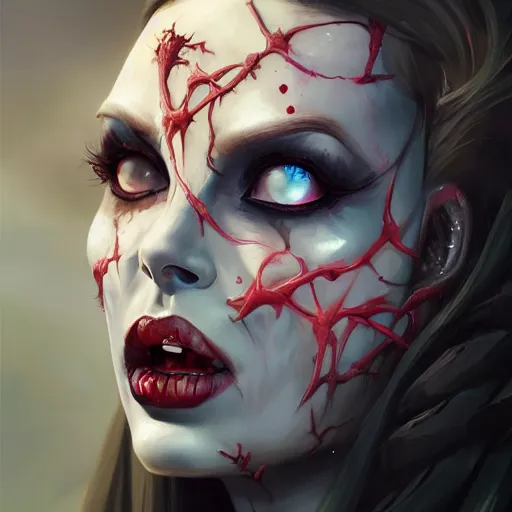 Prompt: female undead necromancer portrait painting, medium shot, asymmetrical, profile picture, organic painting, sunny day, matte painting, bold shapes, hard edges, street art, trending on artstation, by huang guangjian, m and gil elvgren and sachin teng