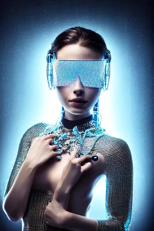 Image similar to beautifull cyberpunk woman model, wearing crystal armor, cables, luxury materials, symmetrical, cinematic, elegant, professional studio light, real dlsr photography, sharp focus, 4 k, ultra hd, sense of awe, high fashion