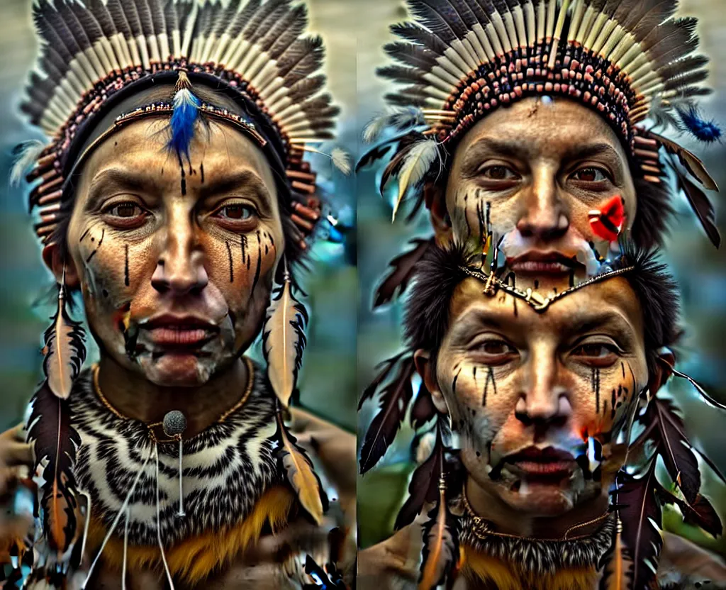 Prompt: gediminas pranckevicius very sharp ultra detailed stunningly beautiful face of tribal indigenous with feather headdress, amazon indian peoples in brazil, physically based rendering, defined features by ellen jewett, tomasz alen kopera and justin gerard, war paint, prepared to die