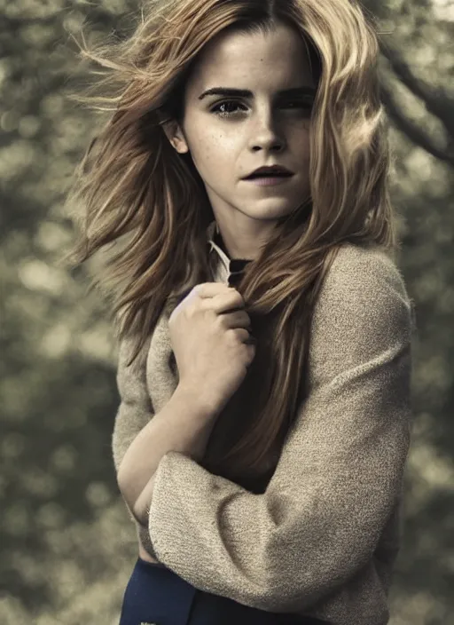 Image similar to Emma Watson for Vogue, perfect face, hot summertime, full length shot, XF IQ4, 150MP, 50mm, f/1.4, ISO 200, 1/160s, natural light, Adobe Photoshop, Adobe Lightroom, DxO Photolab, Corel PaintShop Pro, rule of thirds, symmetrical balance, depth layering, polarizing filter, Sense of Depth, AI enhanced