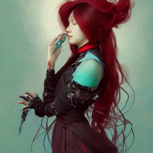 Prompt: a beautiful portrait of hatsune miku with red highlighted hair as a witch, fantasy, intricate, elegant, highly detailed, digital painting, artstation, concept art, matte, sharp focus, illustration, art by greg rutkowski and alphonse mucha