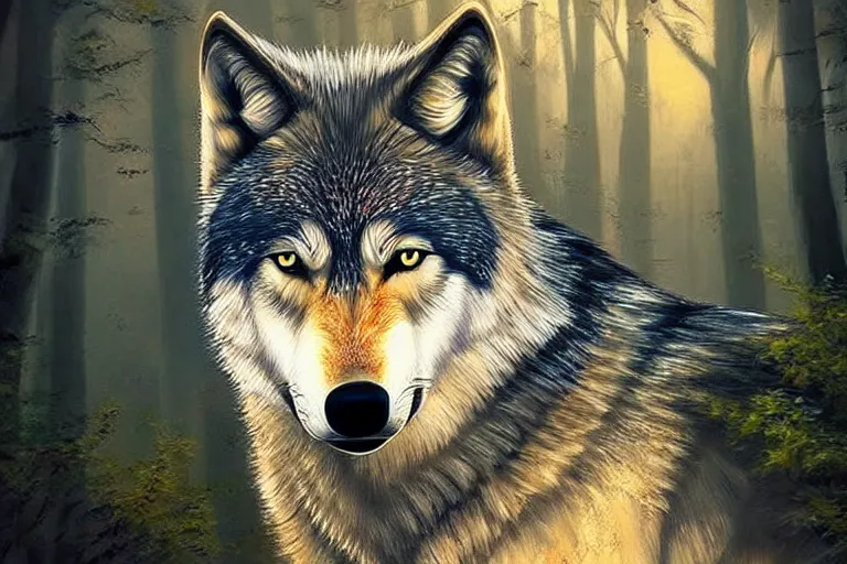 Image similar to wolf, fantasy, painting, ultra realistic!!!, clear weather, golden hour, sharp focus