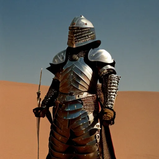 Image similar to an armored knight dressed as a pirate in the desert, film still, cinematic composition
