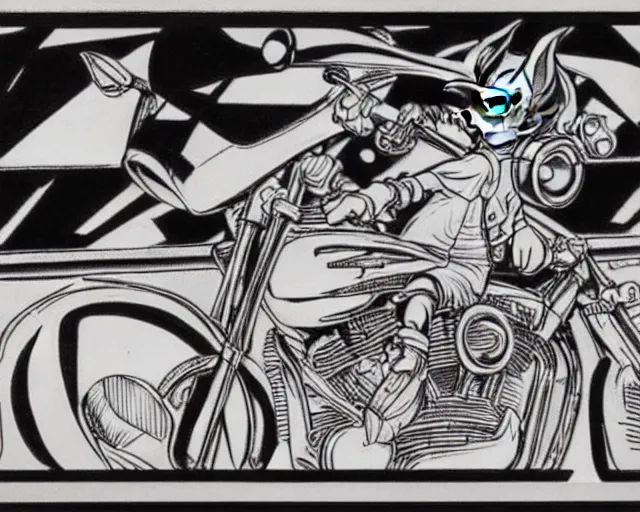 Image similar to Bugs Bunny riding a Harley Davidson, drawing by MC Escher