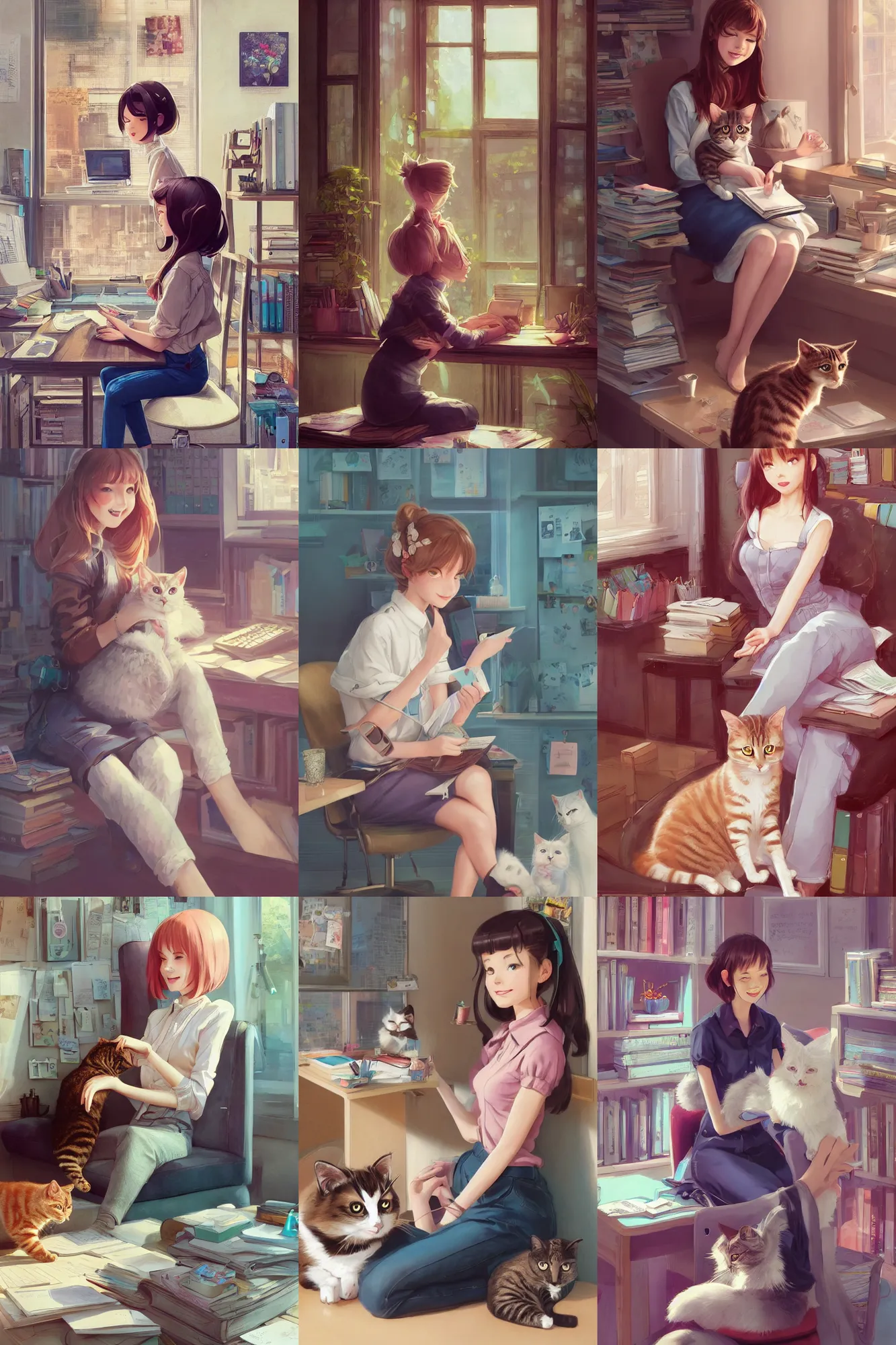 Prompt: a beautiful lofi girl sitting in her office petting a cat in her lap | | cute - fine - subtle smile, face, pretty face, fine details by stanley artgerm lau, wlop, rossdraws, james jean, andrei riabovitchev, marc simonetti, and sakimichan, trending on artstation
