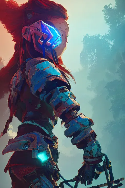 Image similar to combination suit armor aloy horizon forbidden west horizon zero dawn radiating a glowing aura global illumination ray tracing hdr fanart arstation by ian pesty and alena aenami artworks in 4 k tribal robot ninja mask helmet backpack