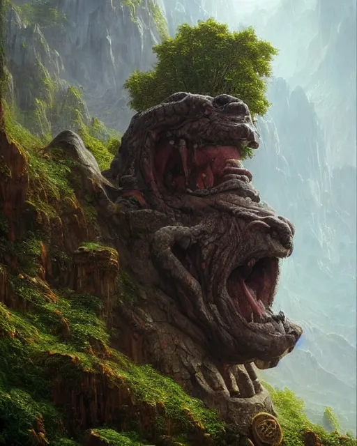 Image similar to a giant troll statue in the mountains, detailed face. Realistic painting by Thomas Cole and Wayne Barlowe, Greg Rutkowski