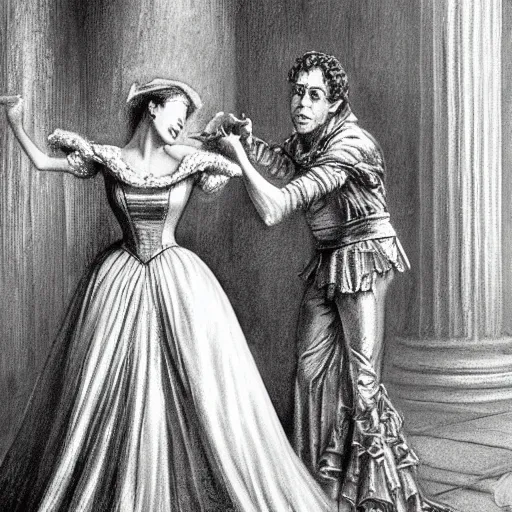 Image similar to realistic portrait charming beautiful painting from Cinderella film scene, when Cinderella become Bloody Mary dance with prince . Horror, created by Gustave Dore.