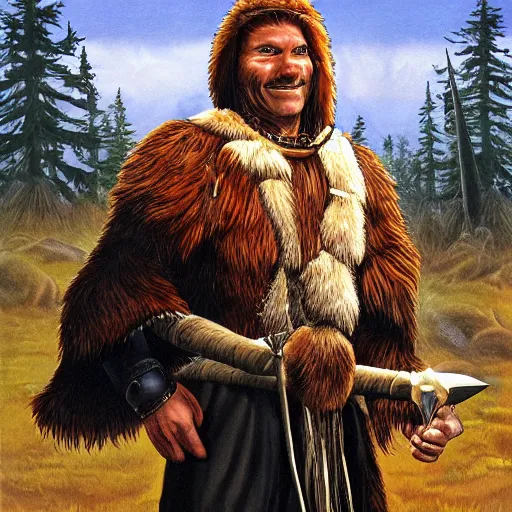 Prompt: head and shoulders character portrait of Bjørn, a travelling shaman wearing a bearskin cloak and holding a fang dagger. D&D character art by Larry Elmore.