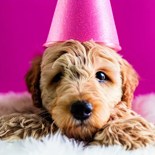 Prompt: close up of a super adorable labradoodle pup with a pink party hat, pixar style