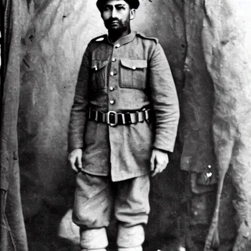 Image similar to Kurdish soldier wearing Kurdish clothes, ww1 trench, war photo, award winning photo