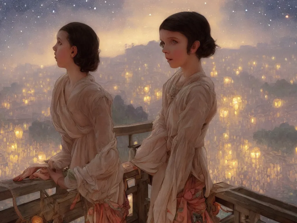 Image similar to a beautiful painting of a girl resembling millie bobby brown standing on a bridge, watching the view from the river of the lantern festival in a an ancient italian town, at night with a sky full of stars, intricate, elegant, highly detailed, digital painting, artstation, concept art, by krenz cushart and artem demura and alphonse mucha