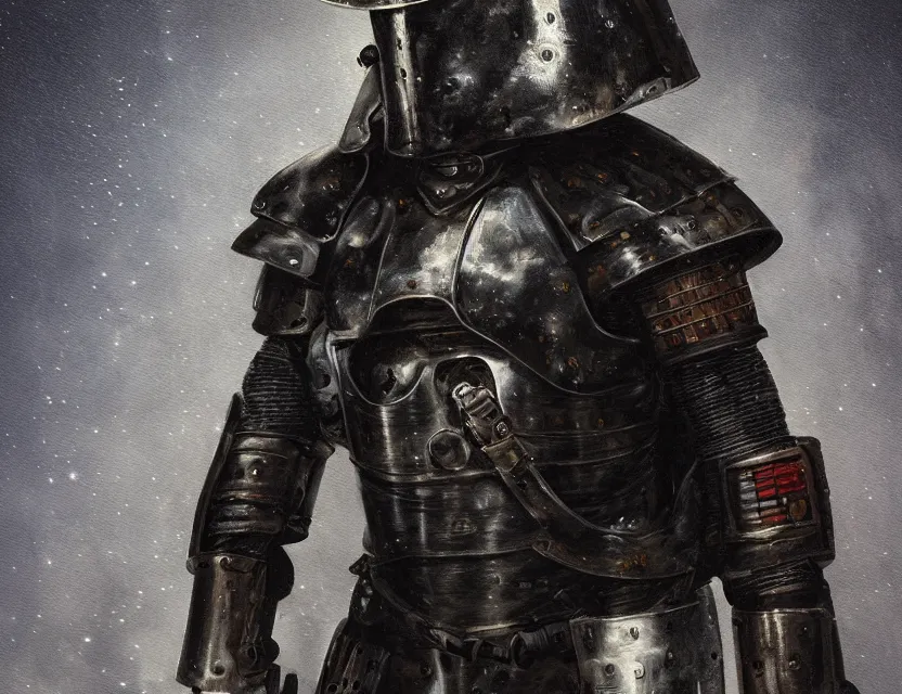 Image similar to a detailed portrait painting of a lone bounty hunter wearing combat armour and a reflective visor. Head and chest only. Dystopian. Dieselpunk elements. Movie scene, cinematic sci-fi scene. Flight suit, cloth and metal, accurate anatomy. Samurai influence, knight influence. fencing armour. portrait symmetrical and science fiction theme with lightning, aurora lighting. clouds and stars. Atmospheric. Futurism by moebius beksinski carl spitzweg moebius and tuomas korpi. baroque elements. baroque element. intricate artwork by caravaggio. Oil painting. Trending on artstation. 8k