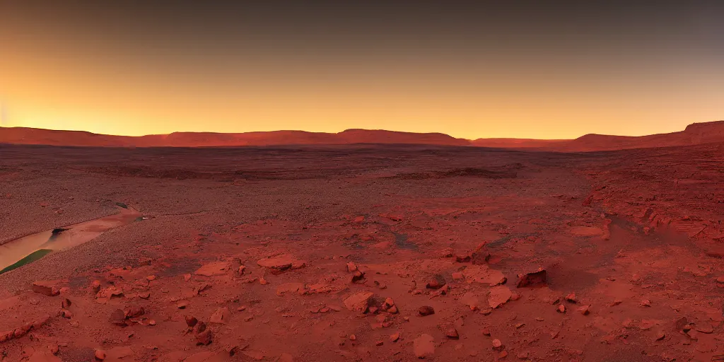 Prompt: a ground - level view of a river bend running through a canyon surrounded by desert mountains at sunset on mars, planet mars, moab, utah, a tilt shift photo by frederic church, trending on unsplash, hudson river school, photo taken with provia, national geographic photo