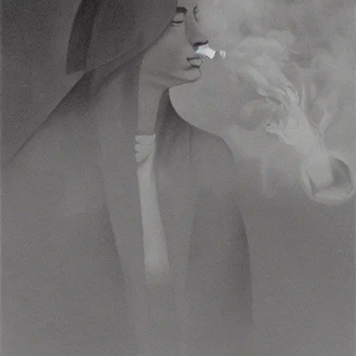 Prompt: a young adult black nun smoking and puffing lots of smoke, minimalistic background, by Beksinski