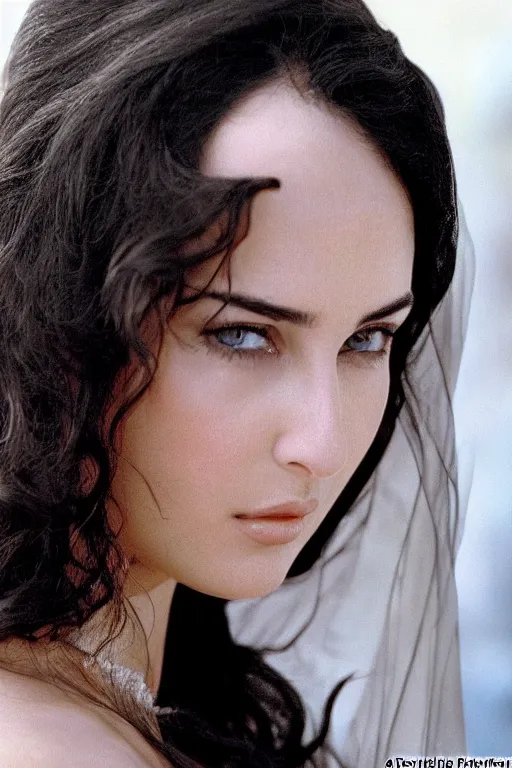 Prompt: young arab Monica Bellucci, blue eyes, long wavy black hair, white veil, closeup, focus face, colored, middle eastern