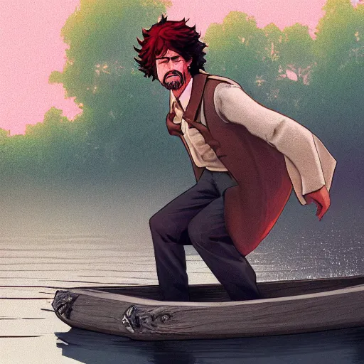 Image similar to Mark Twain as Huckleberry Finn, riding a raft down the mississippi, ambient lighting, 4k, anime key visual, lois van baarle, ilya kuvshinov, rossdraws, artstation