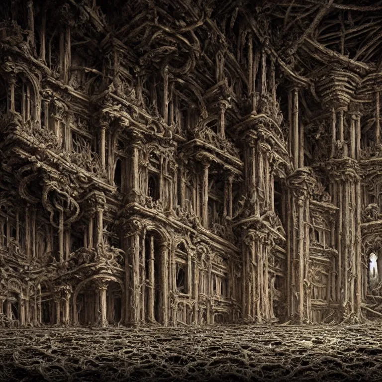 Image similar to ribbed abandoned giant castle, covered with tentacles, spines, roots and organic rotten flesh meat, baroque painting, standing in a desolate empty wasteland, creepy, nightmare, dream-like heavy atmosphere, surreal abandoned buildings, beautiful detailed intricate insanely detailed octane render trending on Artstation, 8K artistic photography, photorealistic, chiaroscuro, Raphael, Caravaggio, Beksinski, Giger