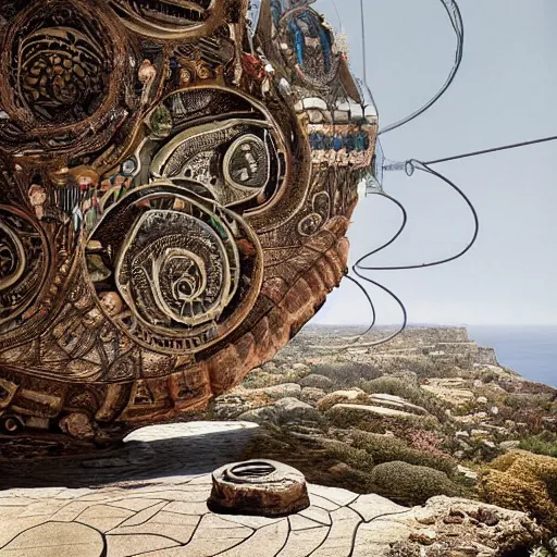 Image similar to a gigantic paleolothic torus made of stone with highly detailed carvings of intricate shamanic robotic electronics and circuitry, in a mediterranean lanscape, inside a valley overlooking the sea, in the style of michal karcz