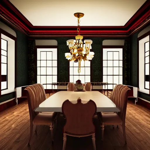 Prompt: Dining room house, luxury, modern, artstation, hyper realistic, 8K, 35mm photography, warm lighting, Victorian, wood, chandelier, grandfather clock, furniture, large windows to forest, no blur